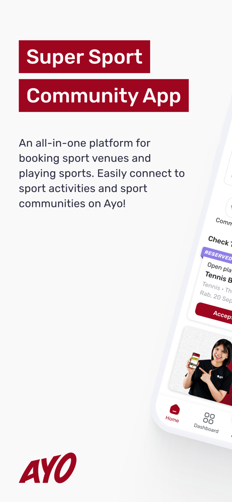 Schermata introduttiva dell'app community sportiva AYO che mostra le funzionalità per la prenotazione di strutture e la connessione sociale sportiva.