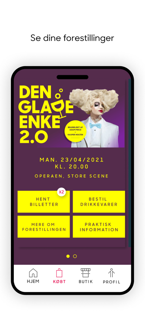 Mobile app interface of the Royal Danish Theatre showing performance details for The Merry Widow with buttons for tickets and drinks