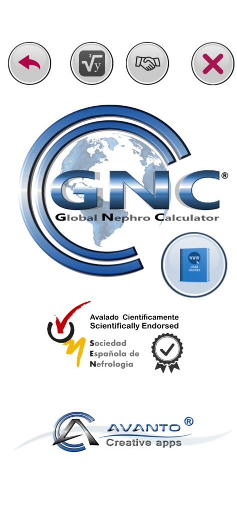 Global Nephro Calculator - グローバル腎臓計算機ホーム画面。スペイン腎臓病学会による科学的推薦を特集しています。