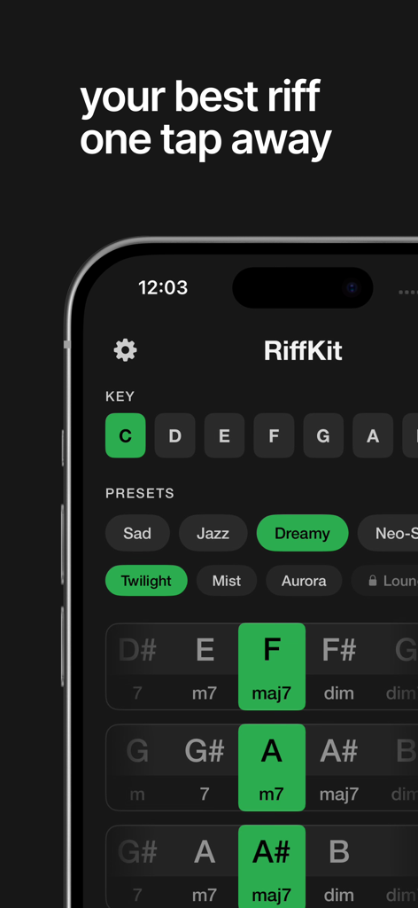 RiffKit Guitar Chord Generator - Interface do aplicativo RiffKit mostrando predefinições de acordes de guitarra por moods como Sonhador e Jazz