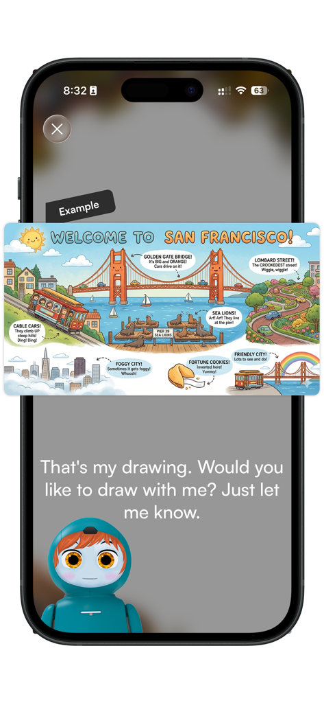 Moxie Robot App - The Moxie Robot App interface featuring an illustrated San Francisco map and the Moxie AI character inviting a child to draw.