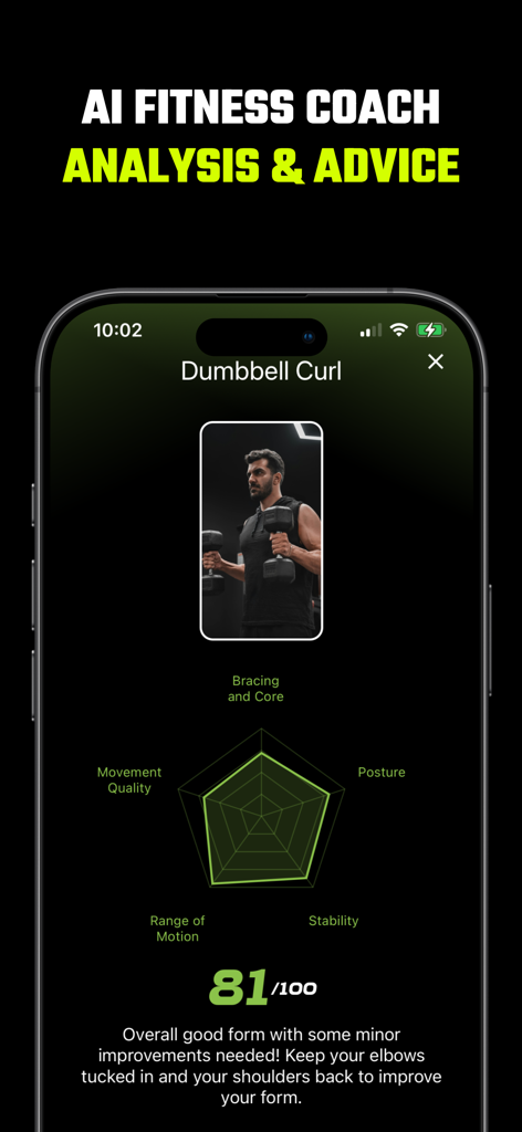 Gymscore AI fitness coach interface showing form analysis and performance score for a dumbbell curl exercise