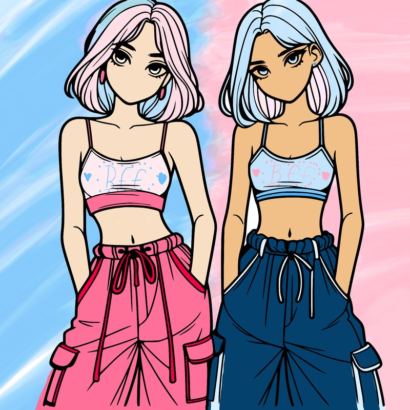 two girls with crop top with baggy pants