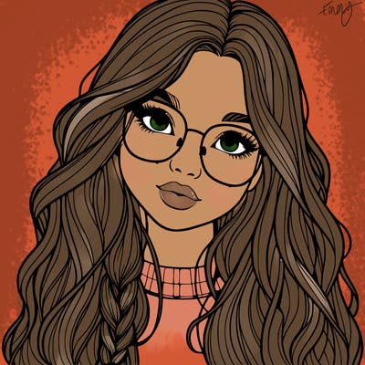 girl with long hair and freckles and glasses realistic