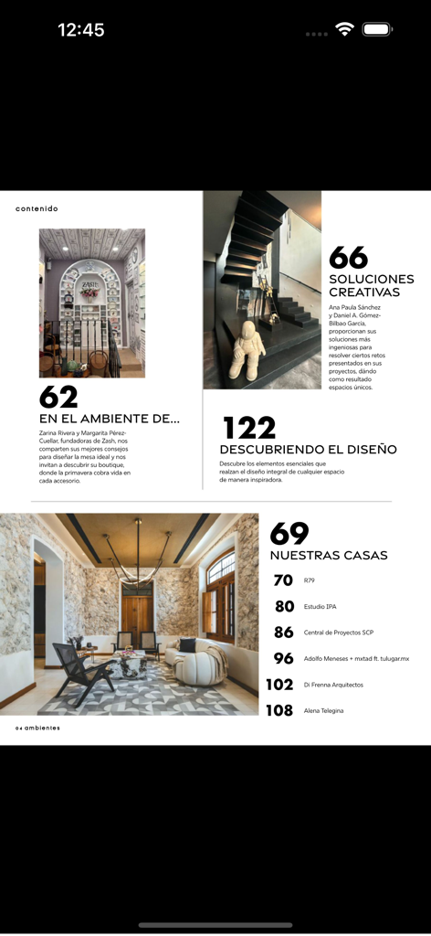 Ambientes - Página de índice de la revista Ambientes que muestra varios artículos de arquitectura y diseño de interiores.