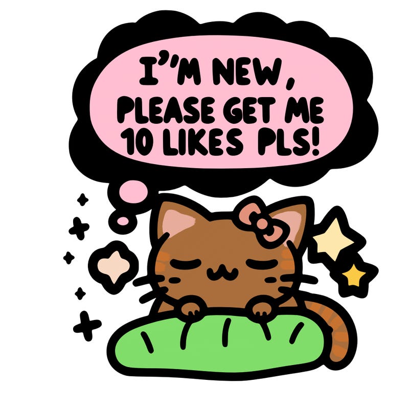 kitty taking a nap dream talking and saying "i'm new, please get me at least 10 likes pls!!"