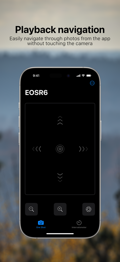 Remote Lens - Remote Lens app interface on iPhone showing wireless playback navigation controls for a Canon camera