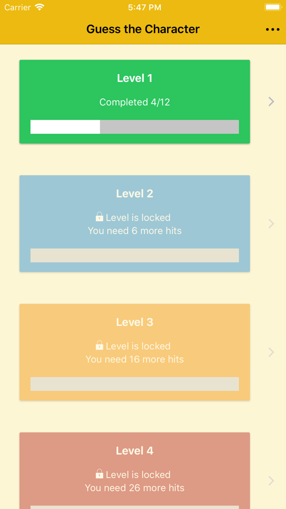 Level selection screen in the Guess the Cartoon Quiz Game showing level progress and locked stages