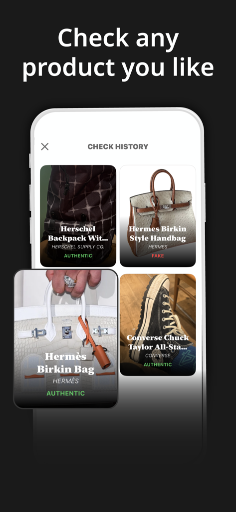 Mobile app interface showing a history of authenticated products including sneakers and luxury bags with status labels like authentic or fake