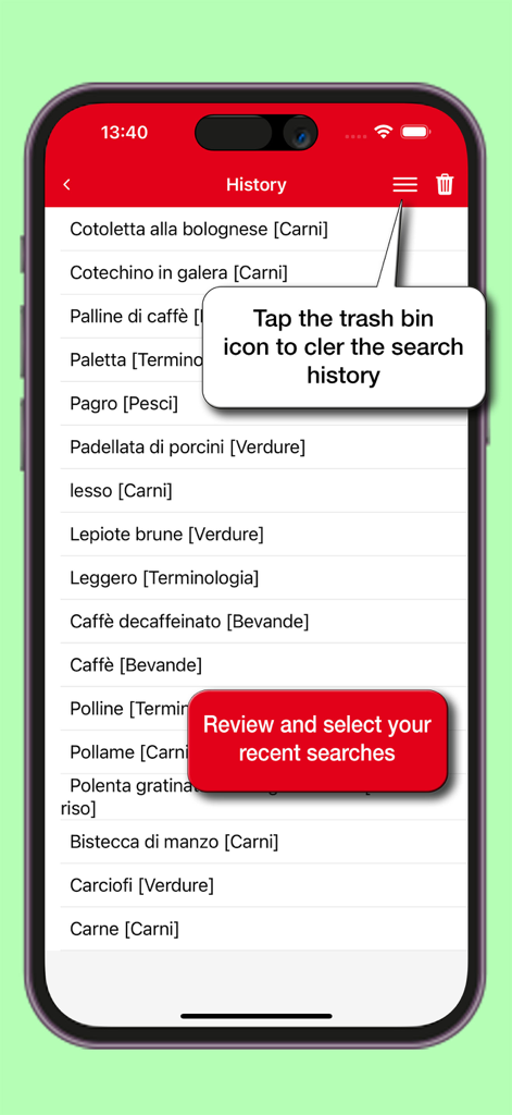 Écran d'historique de recherche du Dictionnaire Gastronomique Hoepli montrant les termes culinaires récemment recherchés