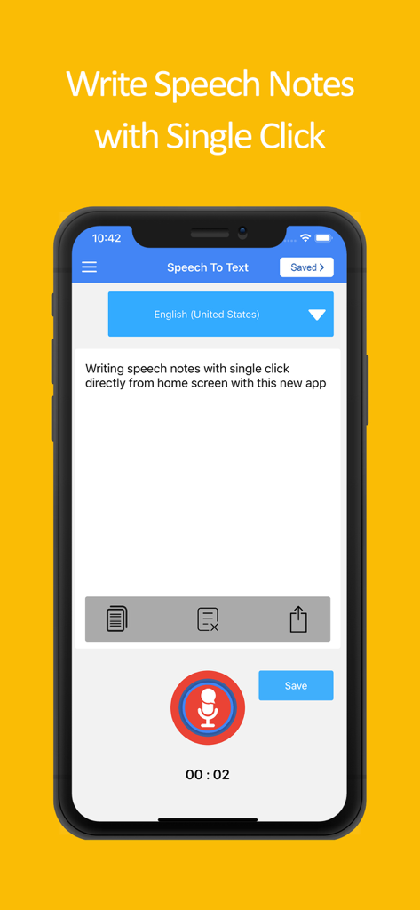 Speech to Text Voice Typing - Interfaz de la aplicación Dictado por Voz de Voz a Texto mostrando una transcripción de voz a texto para escribir notas