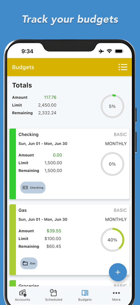 ClearCheckbook app interface showing monthly budget totals and spending categories like gas and checking accounts