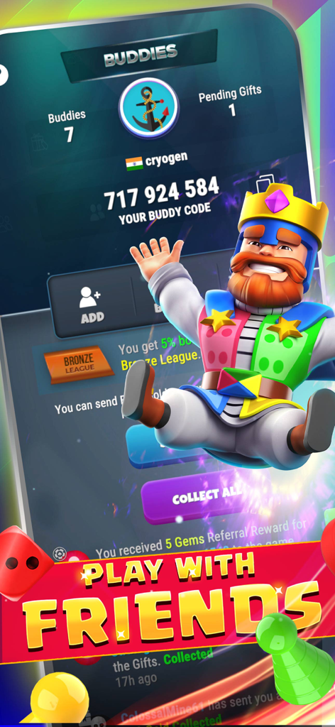Ludo Royale: Dice Board Game - Pantalla de la aplicación Ludo Royale que muestra la interfaz de Amigos con un código de referido de amigo y un banner de Jugar con Amigos.