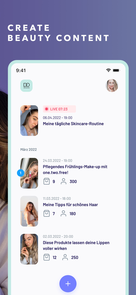 Douglas Creator - A mobile app interface for Douglas Creator showing a user profile feed with various beauty and skincare video tutorials and a live stream indicator