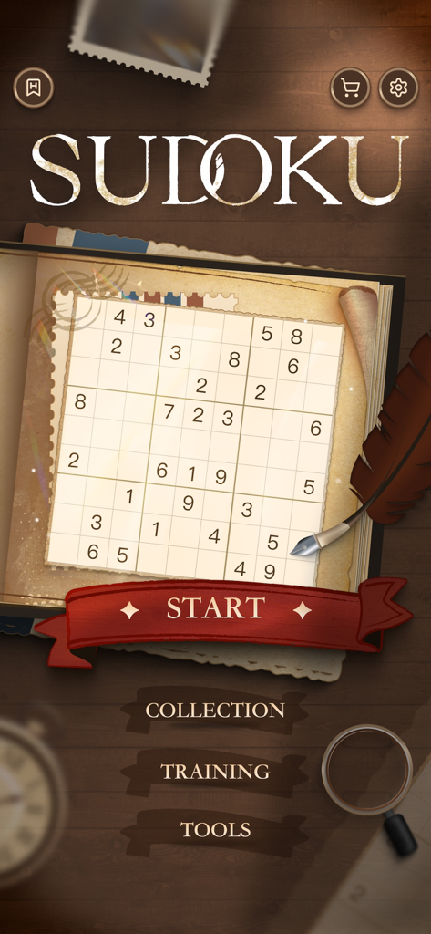 Sudoku - Retro Puzzle Games - Menú principal de la aplicación Sudoku Retro Puzzle con un tema de papel antiguo, una pluma estilográfica y un botón de inicio