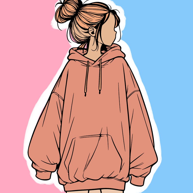 realistic girl with a oversized sweatshirt on and a bun