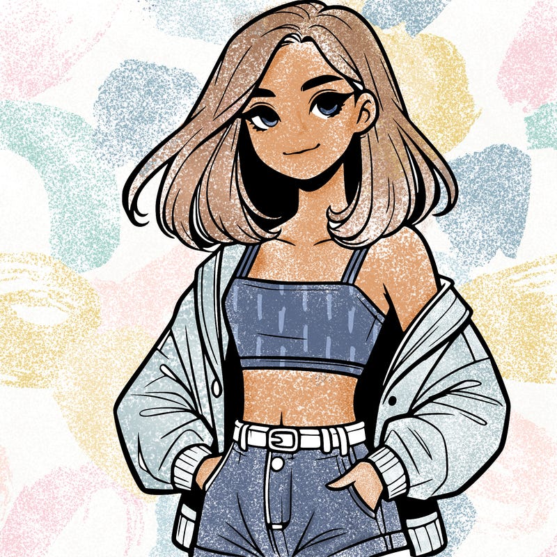 a realistic girl with a crop top and short shorts in an open jacket