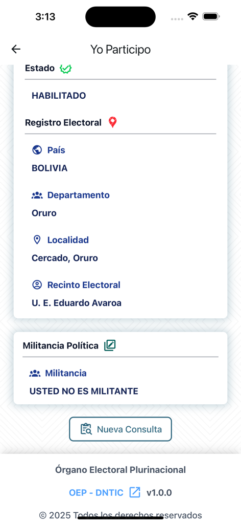 Yo Participo Bolivia - Interfaccia dell'app Yo Participo Bolivia che mostra lo stato della registrazione elettorale e la posizione del seggio elettorale