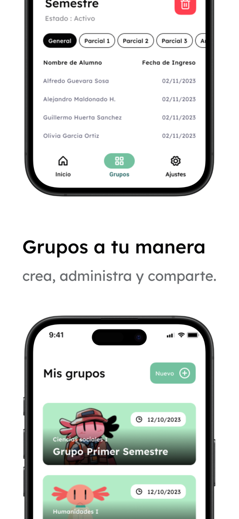 Didacteca - Captura de tela do aplicativo Didacteca mostrando gerenciamento de grupos de alunos e listas de turmas.