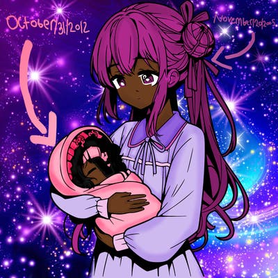 an anime girl with a baby in her