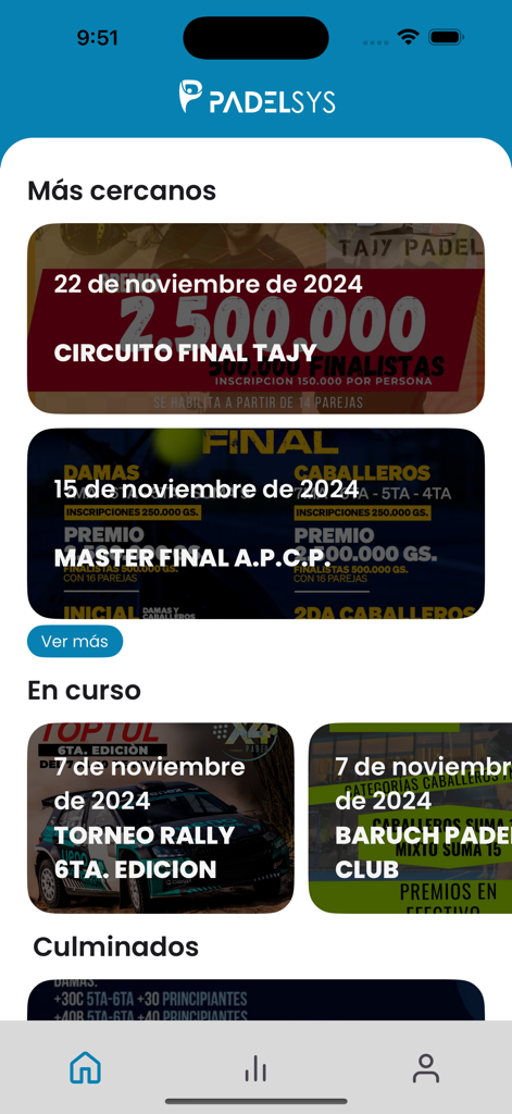 Padelsys - Padelsys app dashboard displaying upcoming and ongoing padel tournaments with dates and names