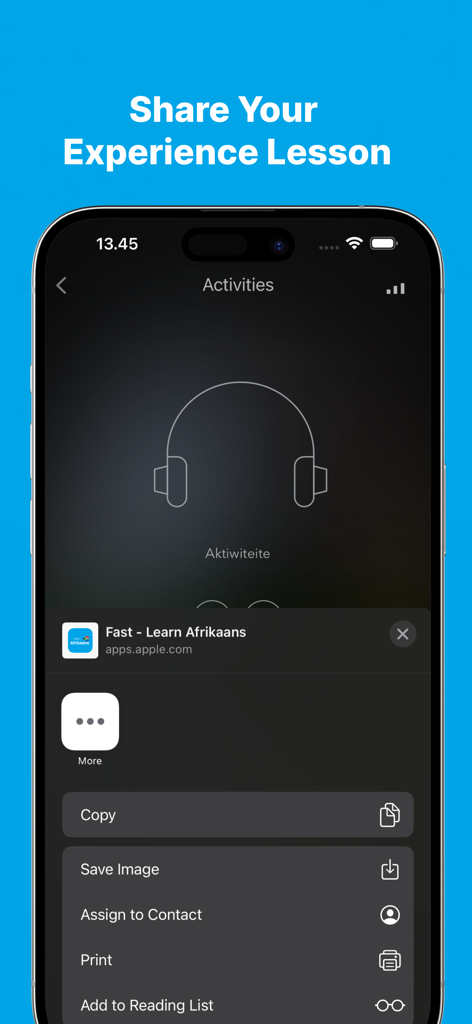 Screenshot of the Fast Learn Afrikaans app showing sharing options for an audio lesson