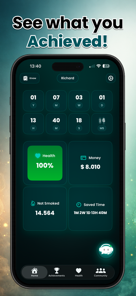 Tableau de bord de l'application Quit Nic affichant les progrès de santé et les statistiques d'argent économisé pour un utilisateur ayant arrêté de fumer