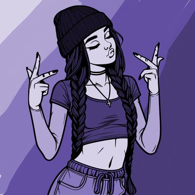 realistic teenage girl with braids and a beanie and crop top doing 🫶🏼