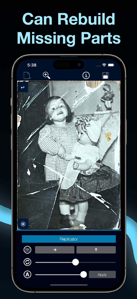 Damaged Photo Restore Suite - Ein Vintage-Foto wird in der Damaged Photo Restore Suite-App mit dem Replicator-Werkzeug restauriert