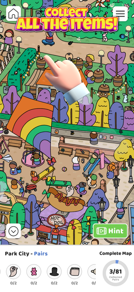 큰 무지개 연과 숨겨진 물건 목록이 있는 다채로운 붐비는 공원 지도를 보여주는 Scavenger Hunt 숨은 그림 찾기 게임 플레이