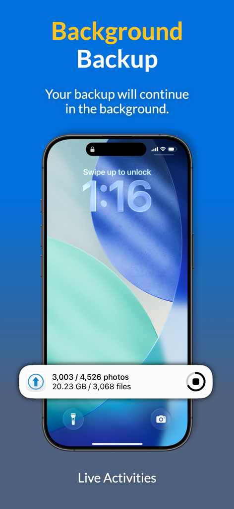 Photos Backup for NAS - iPhoneロック画面に表示されるNAS写真バックアップの進行状況（ライブアクティビティ）