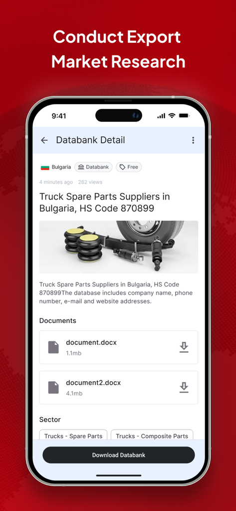 TurkishExporter - TurkishExporter app screenshot showing export market research for truck spare parts suppliers with downloadable databank documents.