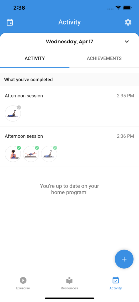 Activity screen in the Medbridge GO app showing a log of completed physical therapy sessions with exercise thumbnails and timestamps.