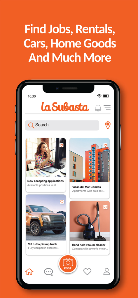 La Subasta: Latino Marketplace - La Subasta app home screen showing local classified listings for jobs rentals and cars