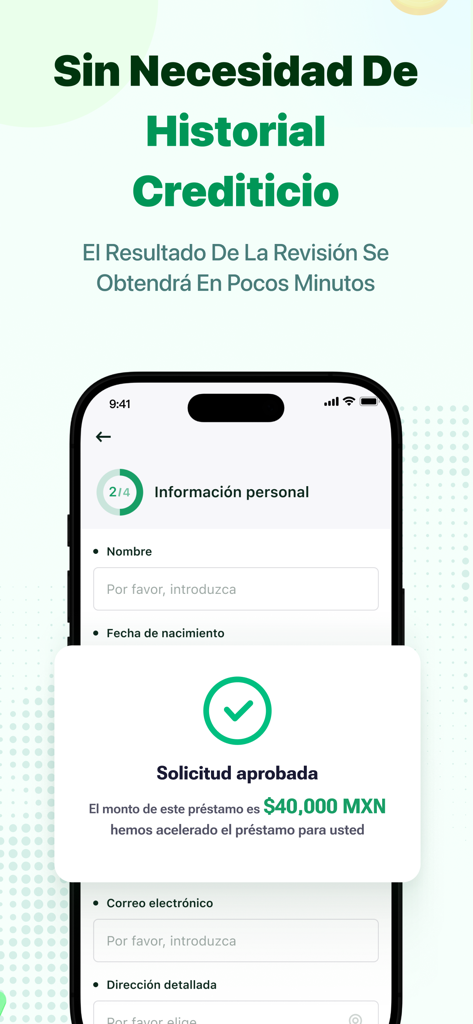 Coparfin Dinero - Coparfin Dinero mobile app interface showing an approved loan notification for 40000 pesos