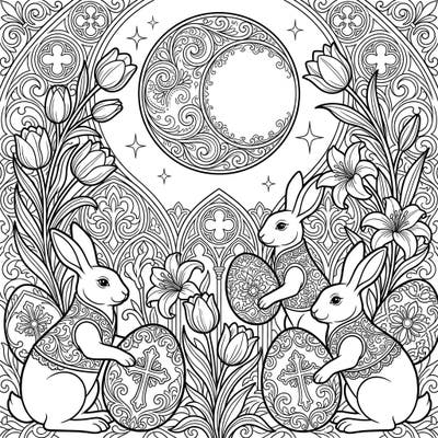 Unleash your creativity with this enchanting Gothic Supermoon Easter coloring page, a unique blend of mystery and spring celebration. Dive into a world of ornate bunnies, intricate eggs, and elegant florals, perfect for an elevated artistic escape.