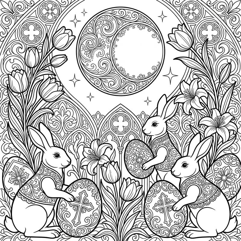 Unleash your creativity with this enchanting Gothic Supermoon Easter coloring page, a unique blend of mystery and spring celebration. Dive into a world of ornate bunnies, intricate eggs, and elegant florals, perfect for an elevated artistic escape.
