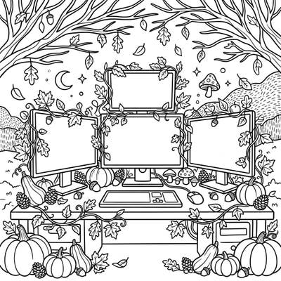 Step into a uniquely cozy autumn scene where modern tech meets the beauty of fall. This intricate coloring page combines computer monitors with a bounty of pumpkins, gourds, and falling leaves, perfect for a relaxing creative escape.