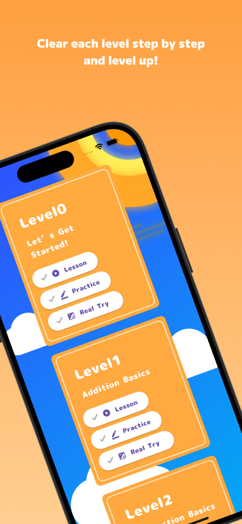 Interface de l'application Abacus montrant des niveaux de mathématiques séquentiels pour des leçons d'addition et de soustraction.