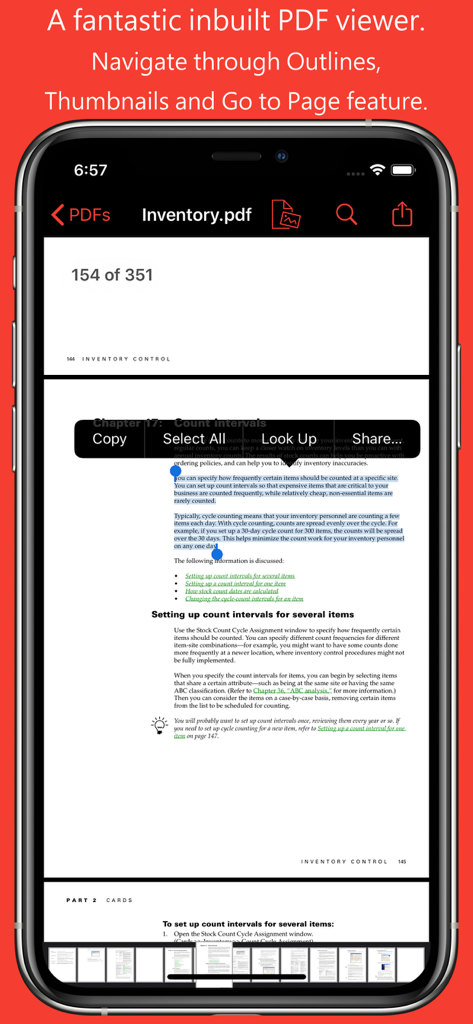 Visor de PDF incorporado en la app PDF a JPG mostrando la selección de texto y las miniaturas de página para la navegación.