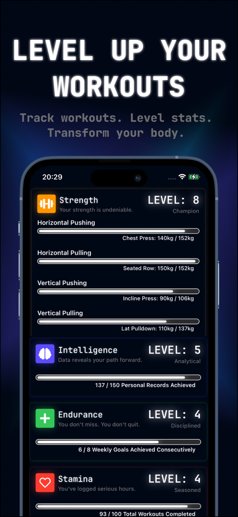 Ascend Gym Workout Tracker Log - A mobile app interface showing gamified fitness stats like Strength and Intelligence with levels and progress bars.
