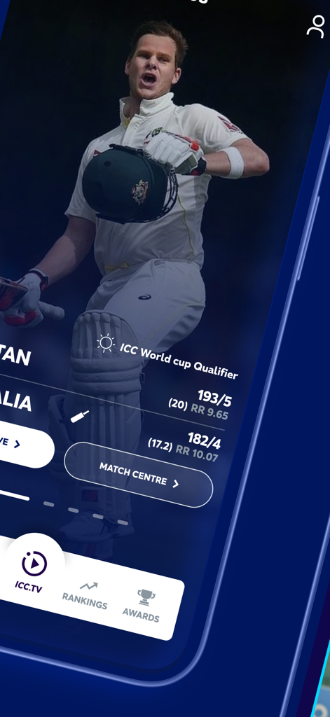 ICC Official mobile app screen displaying live cricket match scores