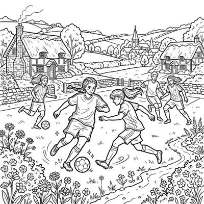 Immerse yourself in a delightful coloring scene featuring energetic soccer players amidst a charming cottagecore village. This unique design blends athletic spirit with serene rural beauty, perfect for a relaxing artistic escape.