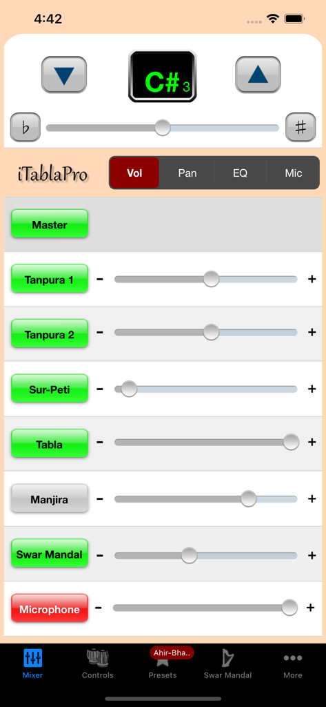 iTablaPro - Mixer interface of iTablaPro app showing volume sliders for Indian classical instruments