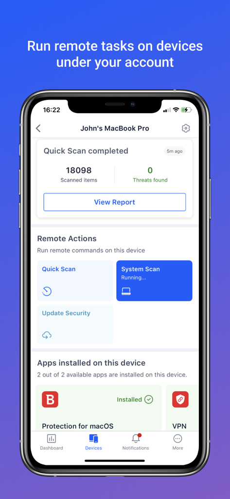 Interface de l'application Bitdefender Central affichant les résultats d'analyse à distance et les actions de sécurité pour un MacBook Pro connecté.