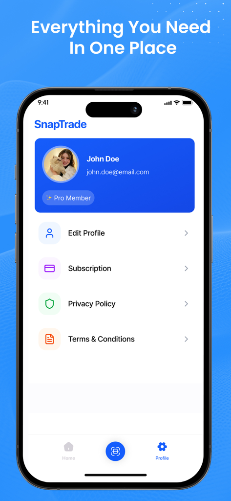 SnapTrader: AI Trade Analyzer - SnapTrader app profile page displaying user account settings and pro membership status.