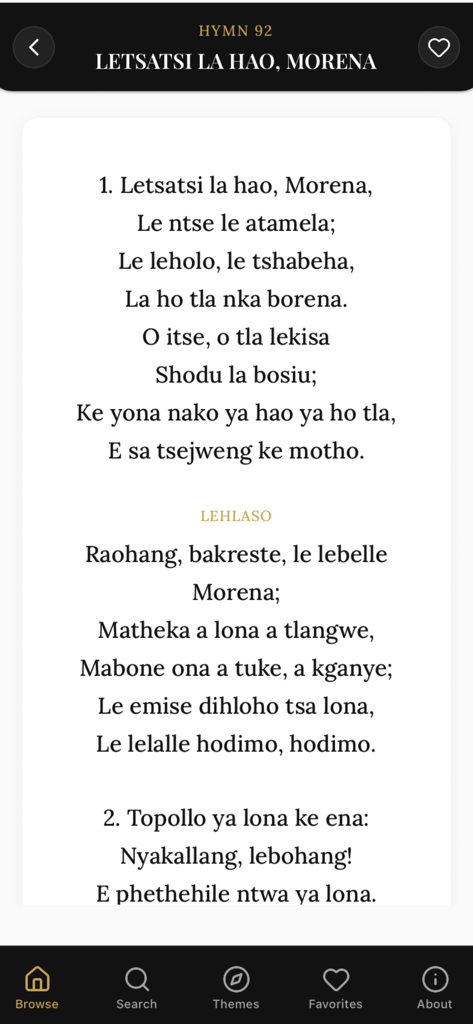 URCSA Hosanna - Mobile screen showing Sesotho hymn lyrics in the URCSA Hosanna digital hymn book app with a clean white and dark theme design.