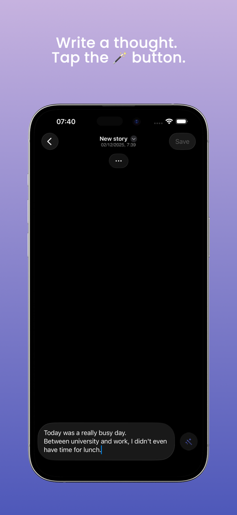 Magic Diary: AI Stories - Interfaz de la aplicación Magic Diary en iPhone que muestra a un usuario escribiendo un pensamiento sobre su día para ser transformado por IA