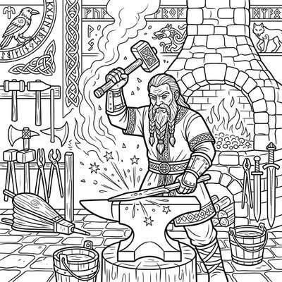 Journey to a legendary forge with this captivating Viking Blacksmith coloring page. Discover the ancient craft of metalworking as you bring this powerful warrior artisan to life with your favorite colors.