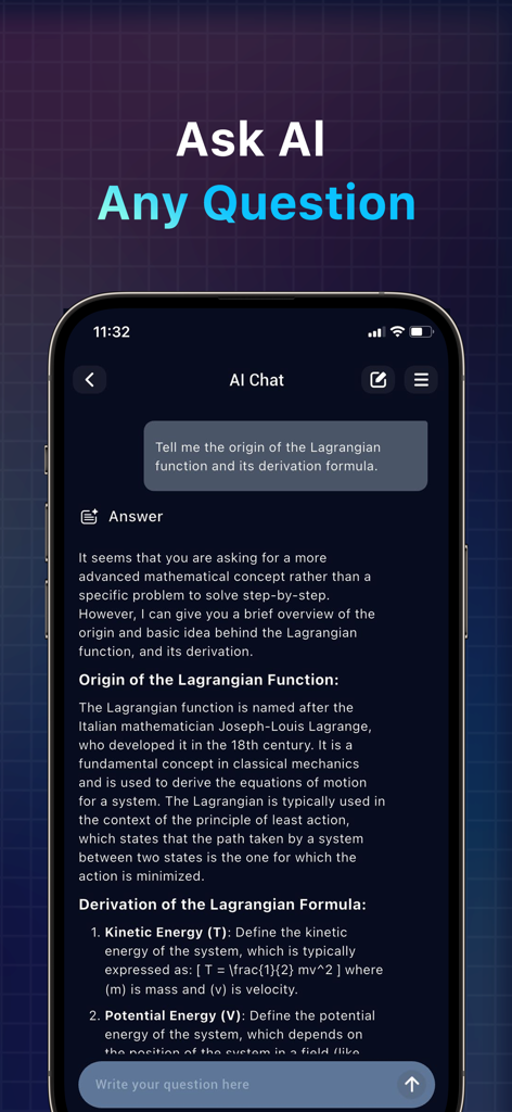 MathHub AI: Intelligent Tutor - Captura de pantalla de la interfaz de chat de MathHub AI que muestra una explicación detallada de la función de Lagrange.